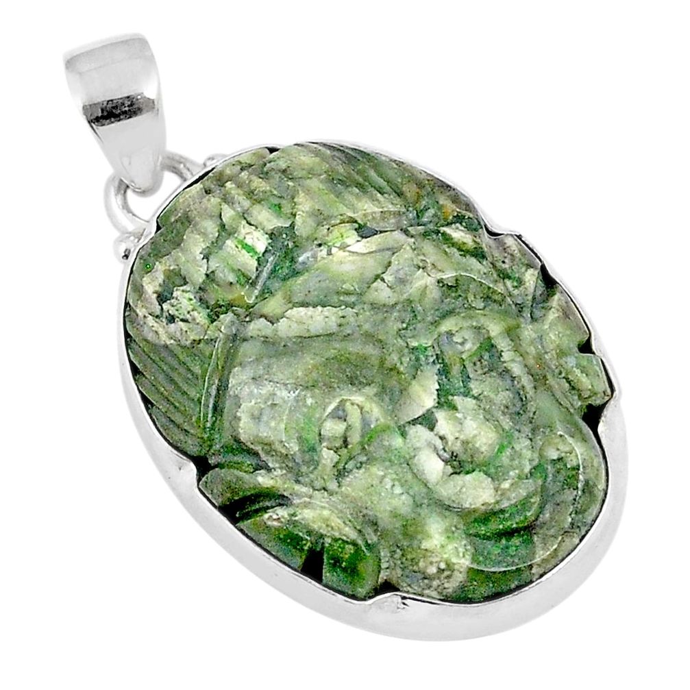 Carving buddha face natural rainforest rhyolite jasper 925 silver pendant u32694