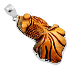 20.94cts carving fish natural brown tiger's eye fancy 925 silver pendant n2964