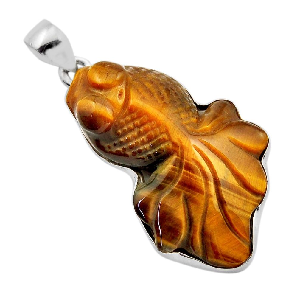 24.72cts carving fish natural brown tiger's eye fancy 925 silver pendant n2971