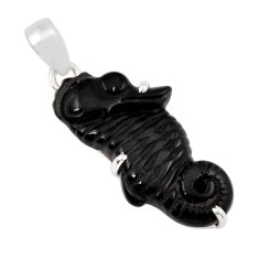 14.18cts carving natural black onyx 925 sterling silver seahorse pendant y35387