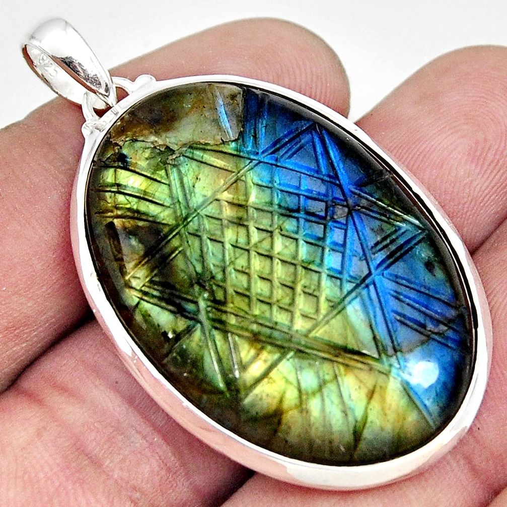 39.09cts carving natural blue labradorite 925 sterling silver pendant r29018