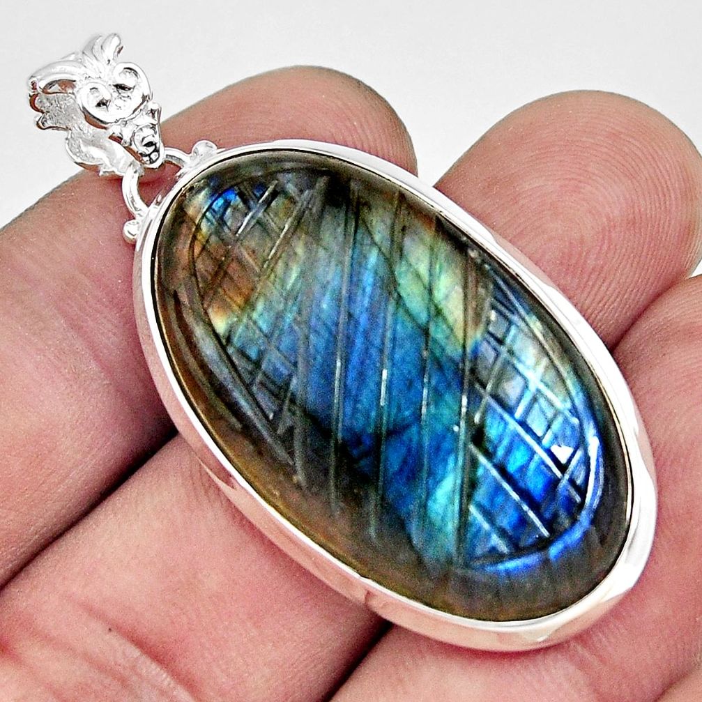 30.49cts carving natural blue labradorite 925 sterling silver pendant r29023