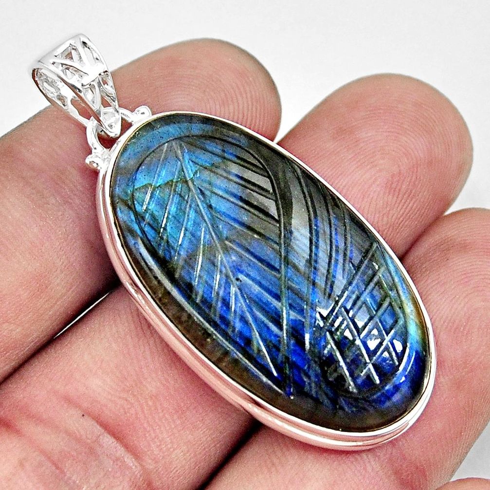 31.53cts carving natural blue labradorite 925 sterling silver pendant r29026