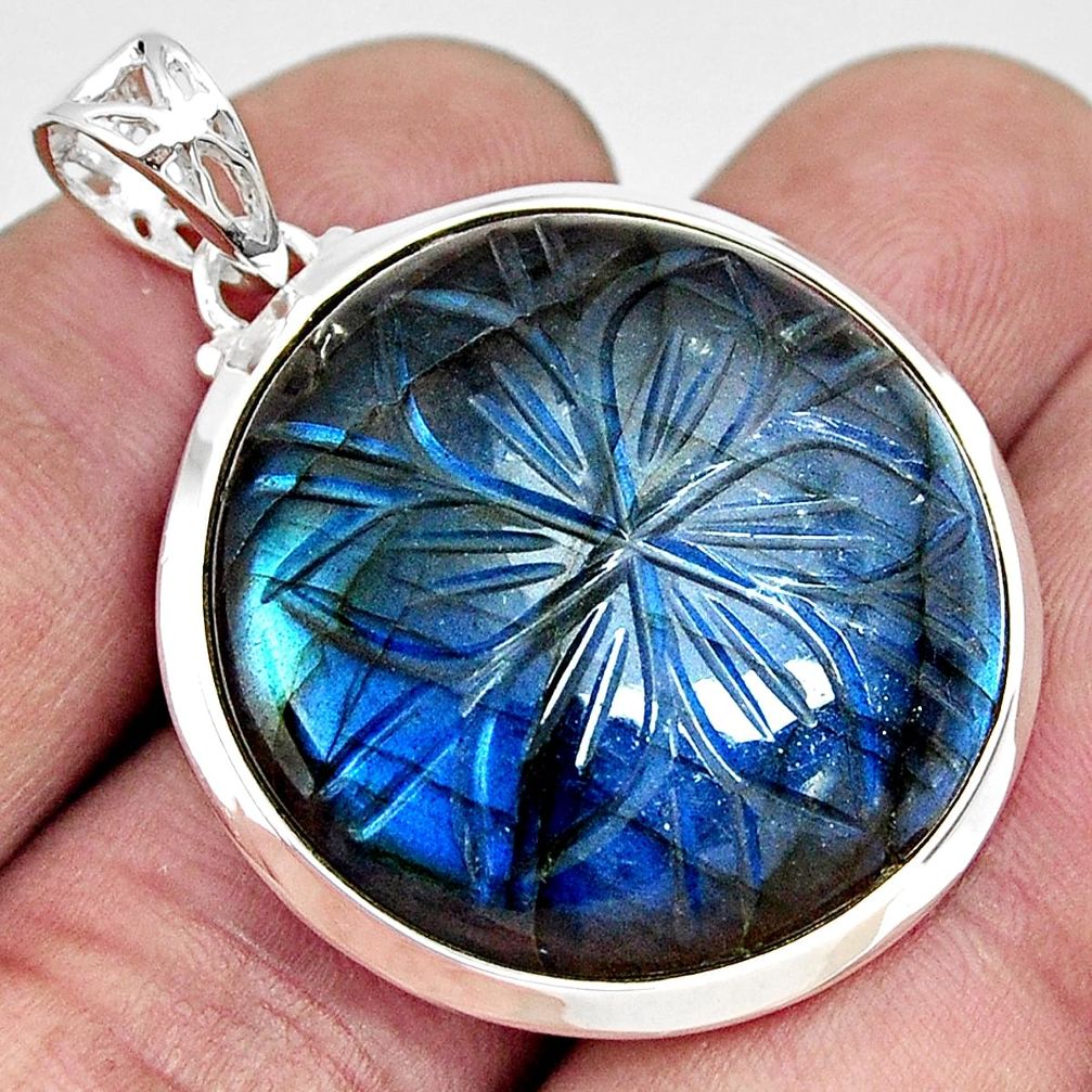 30.88cts carving natural blue labradorite 925 sterling silver pendant r29059