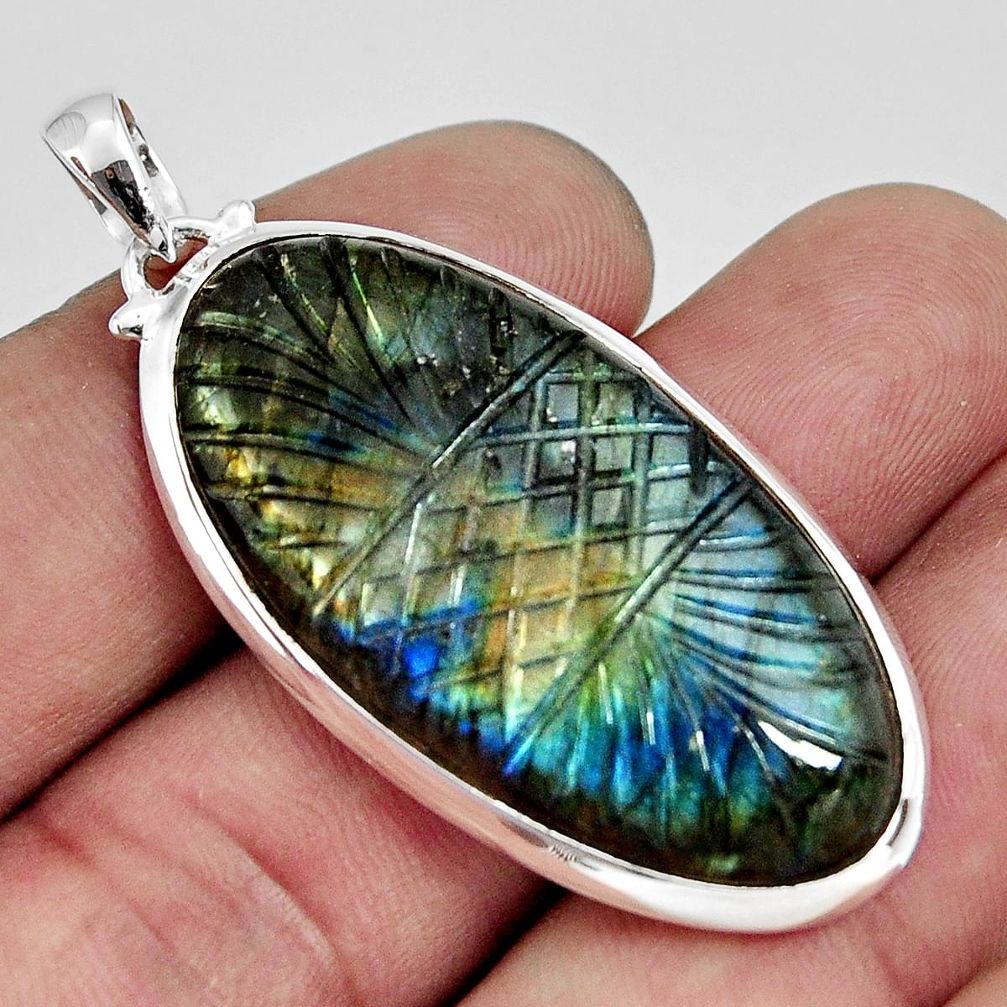 33.90cts carving natural blue labradorite 925 sterling silver pendant r29066