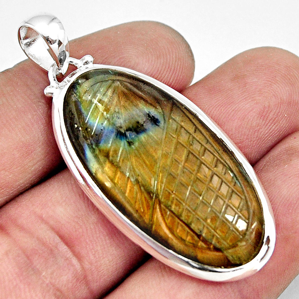 26.54cts carving natural blue labradorite 925 sterling silver pendant r29078