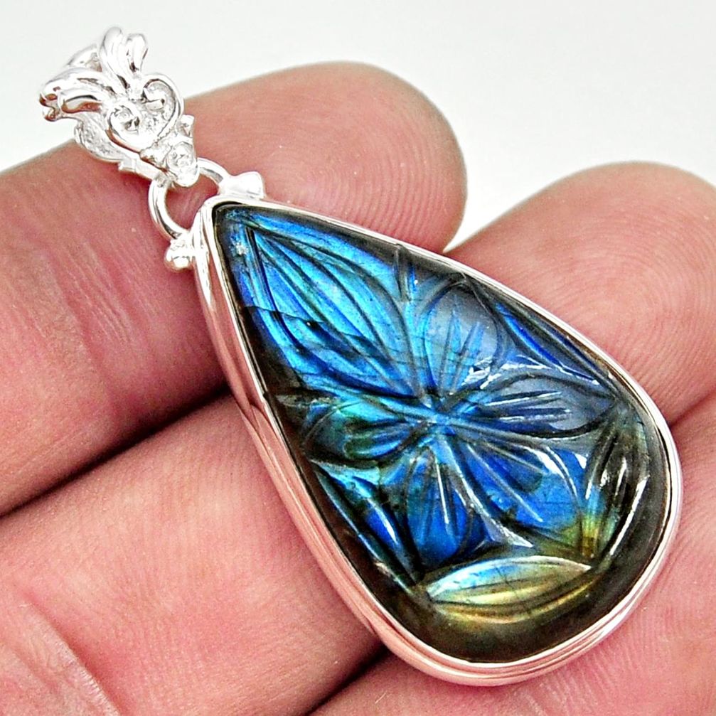 27.13cts carving natural blue labradorite 925 sterling silver pendant r29086