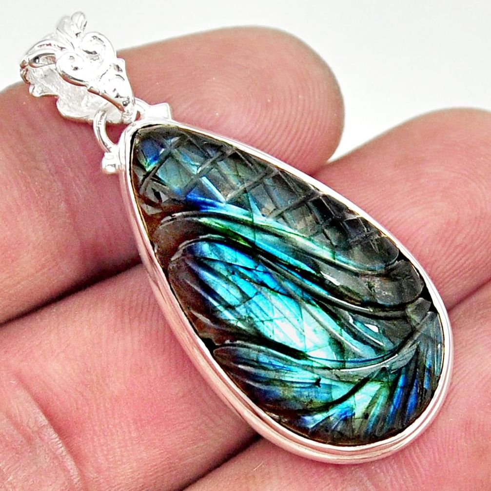 25.93cts carving natural blue labradorite 925 sterling silver pendant r29089