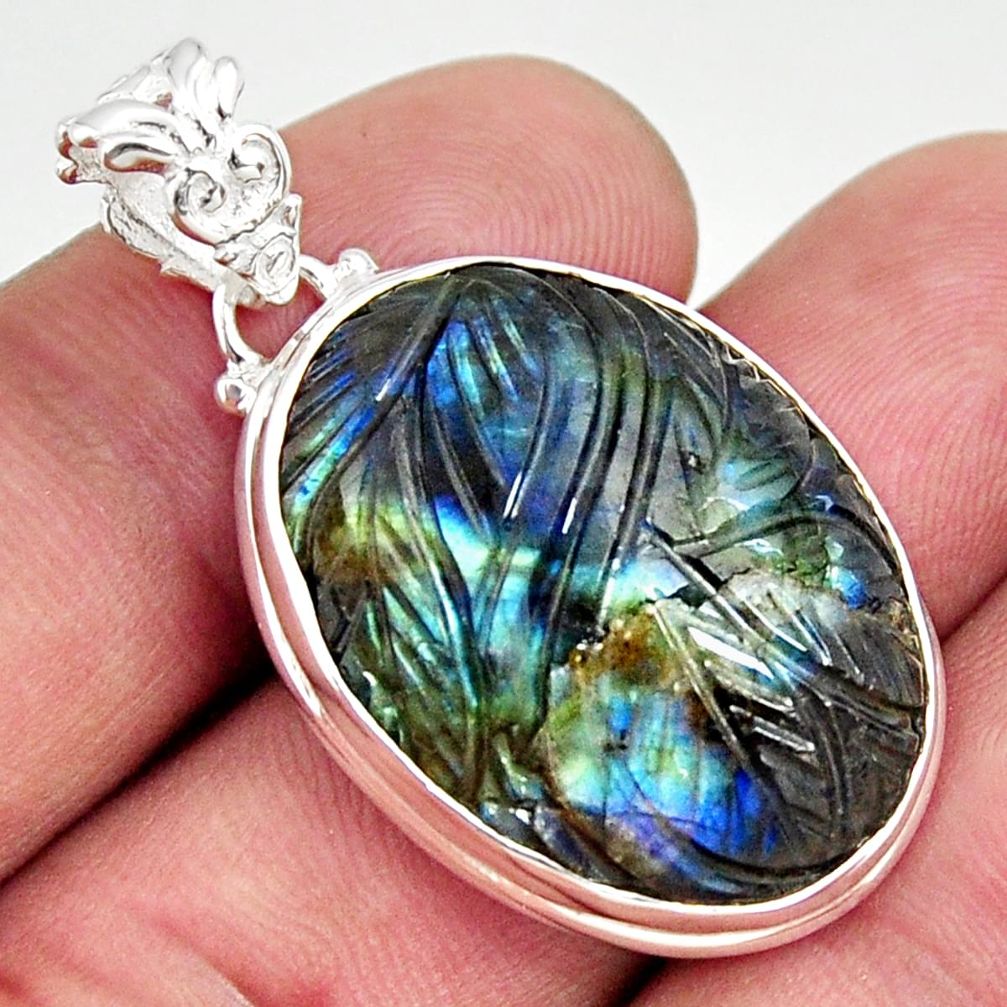 25.28cts carving natural blue labradorite 925 sterling silver pendant r29122