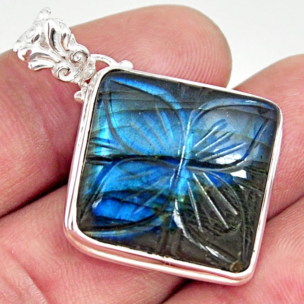 25.90cts carving natural blue labradorite 925 sterling silver pendant r29138