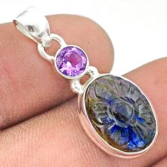 6.57cts carving natural blue labradorite amethyst 925 silver pendant u22801