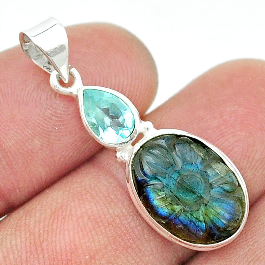 7.90cts carving natural blue labradorite oval topaz 925 silver pendant u36424