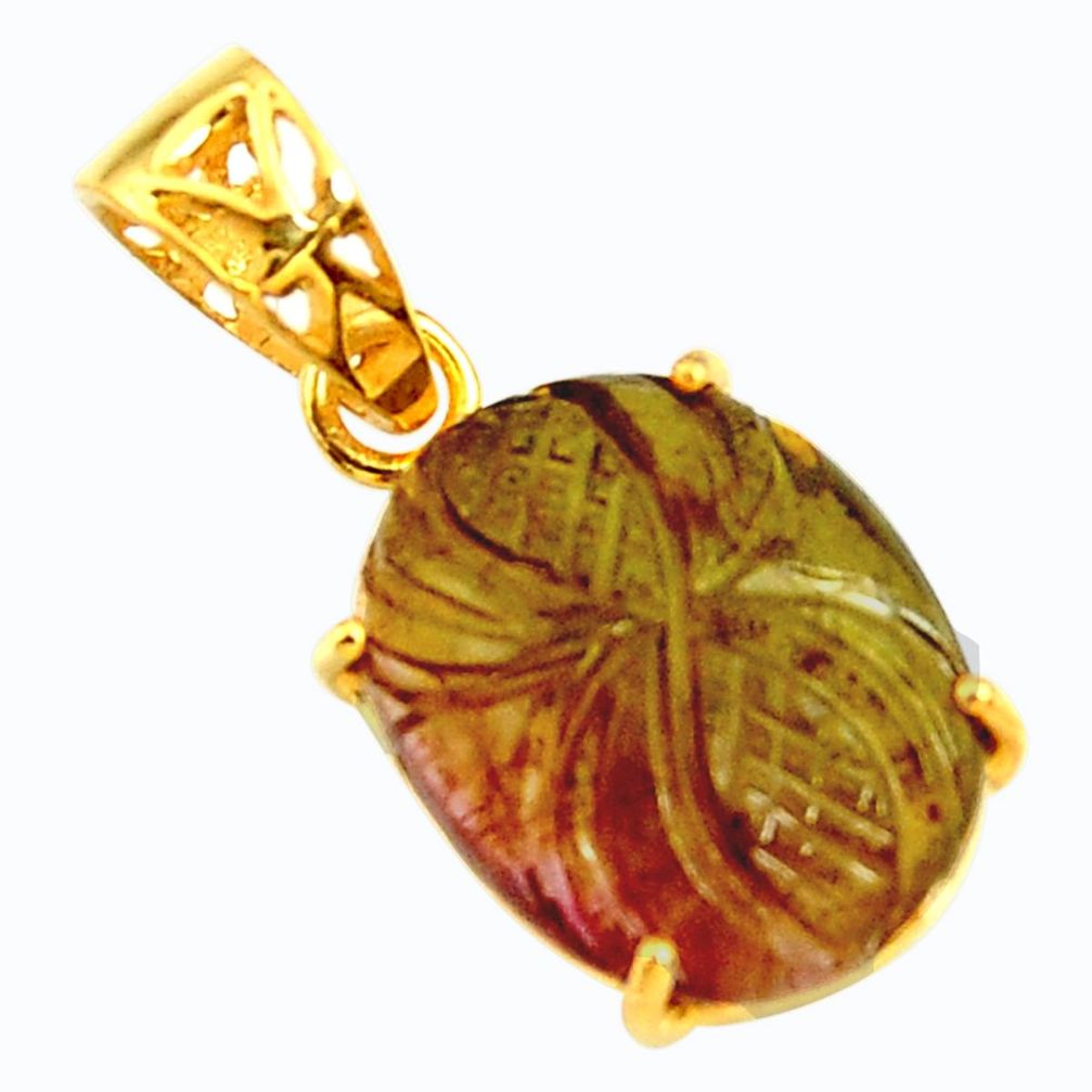 9.74cts carving natural golden tourmaline 925 silver 14k gold pendant r29156