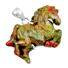26.85cts carving natural green unakite 925 sterling silver horse pendant y35362