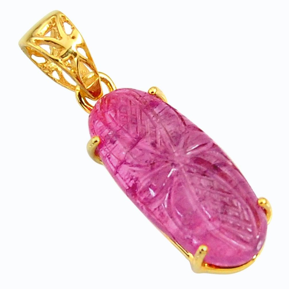 10.81cts carving natural pink tourmaline 14k gold over 925 silver pendant r29143