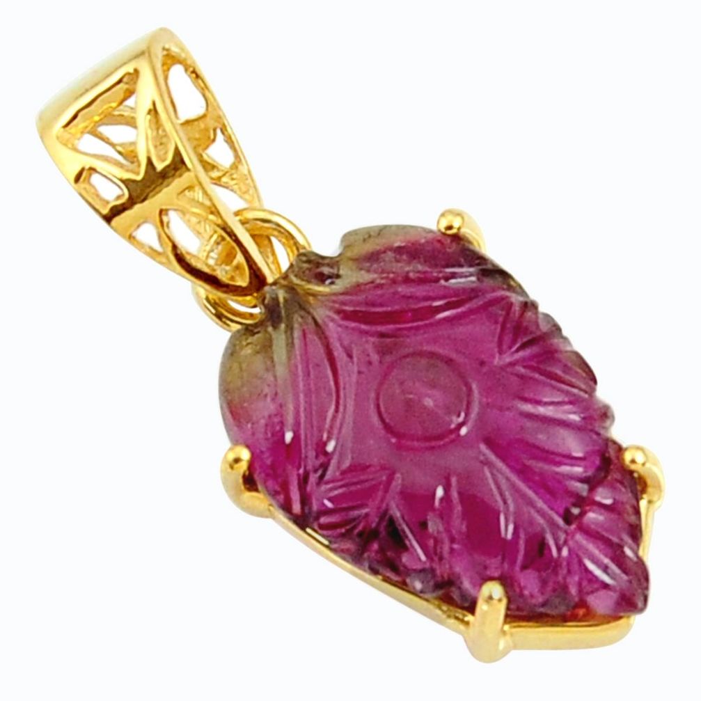 7.50cts carving natural pink tourmaline 14k gold over 925 silver pendant r29144