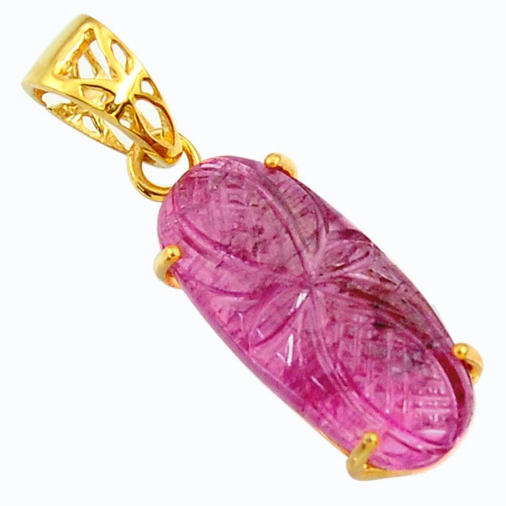 10.89cts carving natural pink tourmaline 14k gold over 925 silver pendant r29146