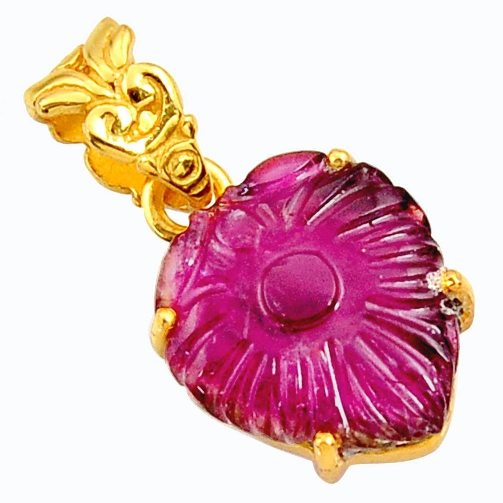 9.13cts carving natural pink tourmaline 14k gold over 925 silver pendant r29150