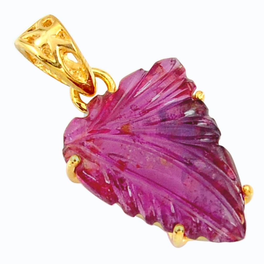 8.09cts carving natural pink tourmaline 14k gold over 925 silver pendant r29151