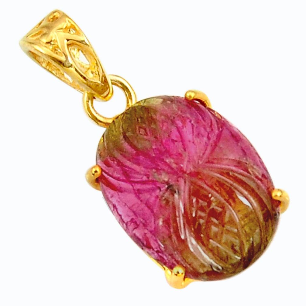 8.48cts carving natural pink tourmaline 14k gold over 925 silver pendant r29152