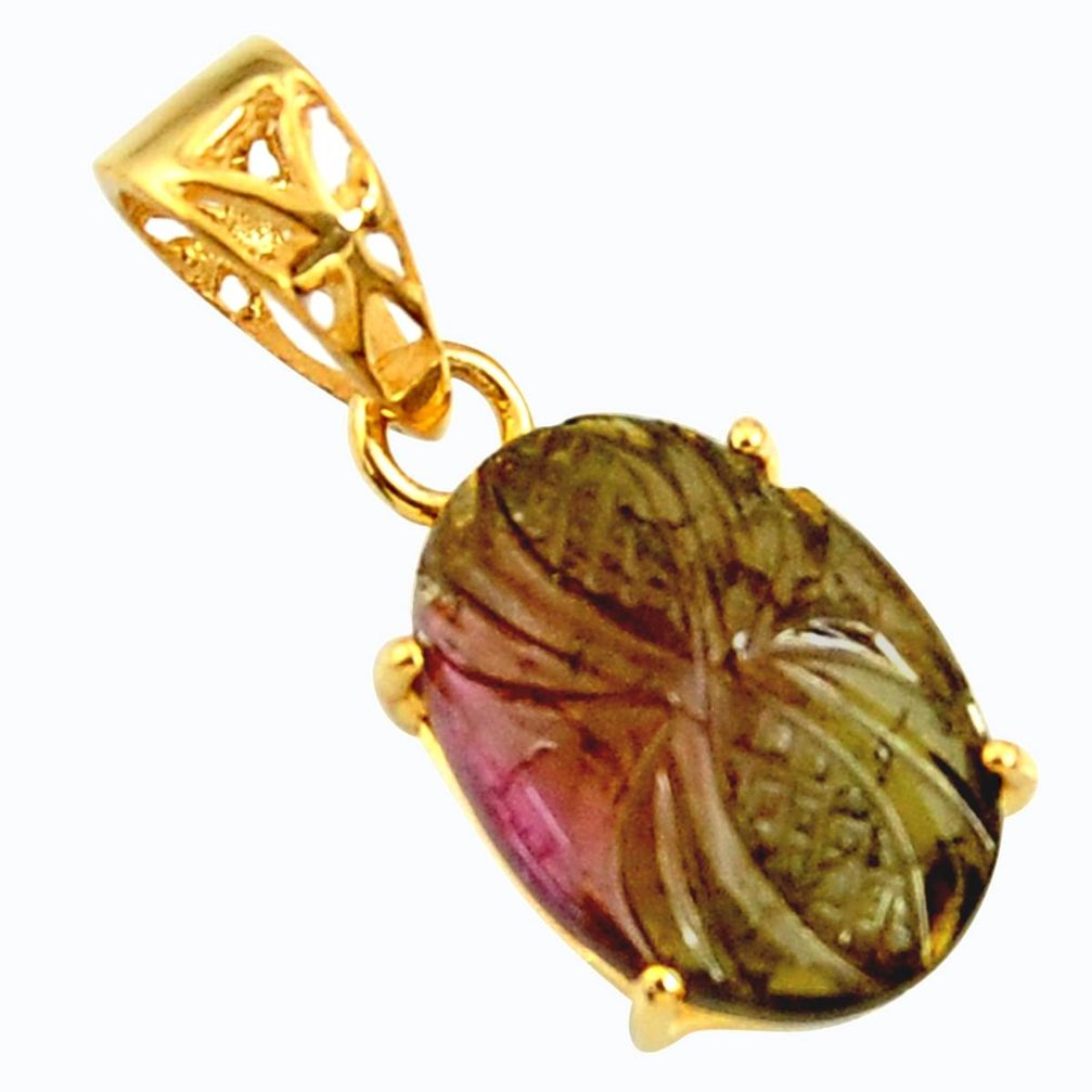 8.09cts carving natural pink tourmaline 925 silver 14k gold pendant r29158