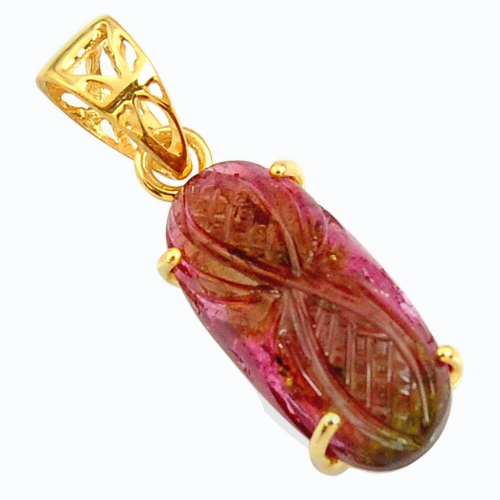 10.33cts carving natural pink tourmaline 925 silver gold pendant r29154