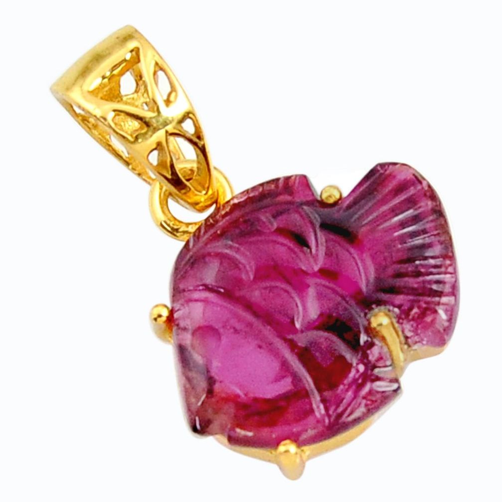 9.74cts carving natural pink tourmaline silver gold fish pendant r29145