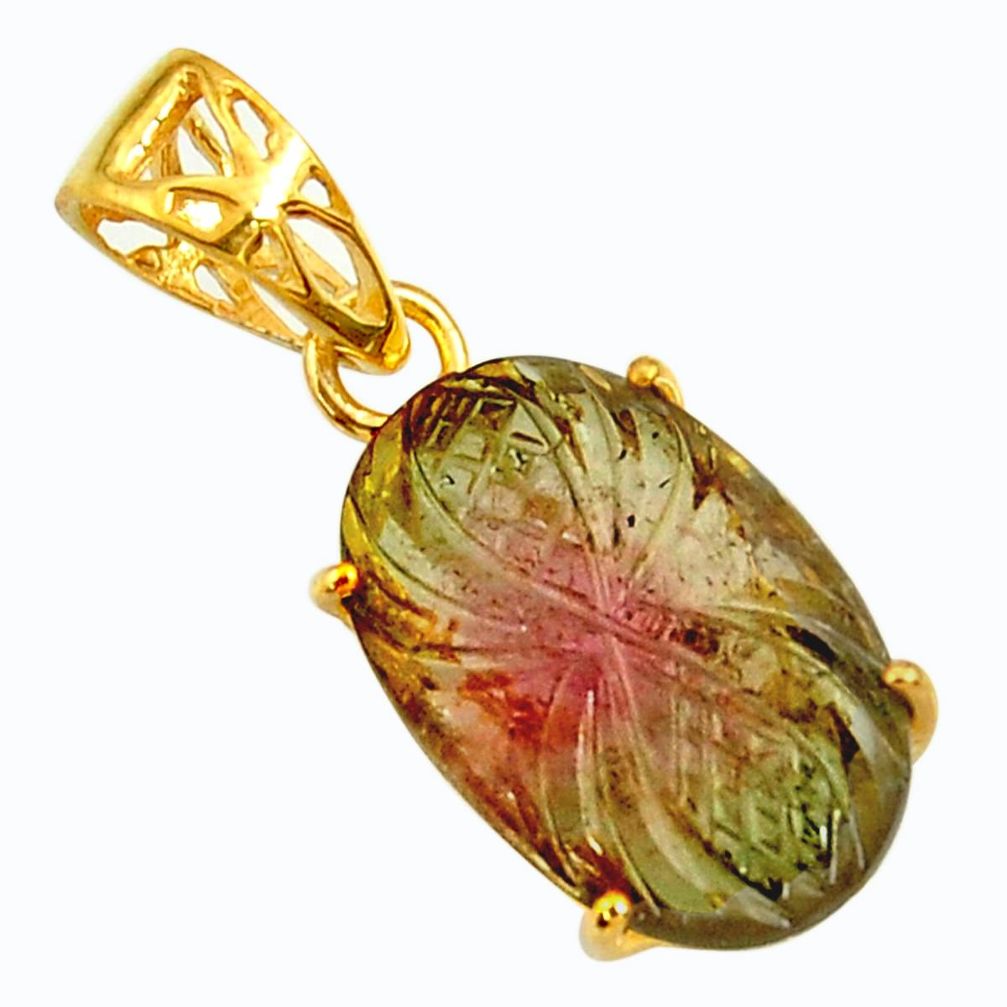 8.48cts carving natural tourmaline 14k gold over 925 silver pendant r29153