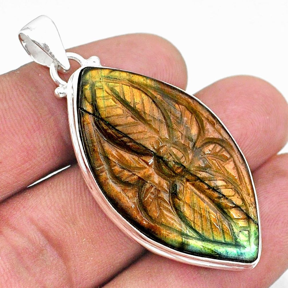 30.83cts carving natural yellow labradorite spectrolite silver pendant t39691