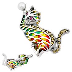 1.24cts cat natural red ruby marcasite enamel 925 silver brooch pendant c29503