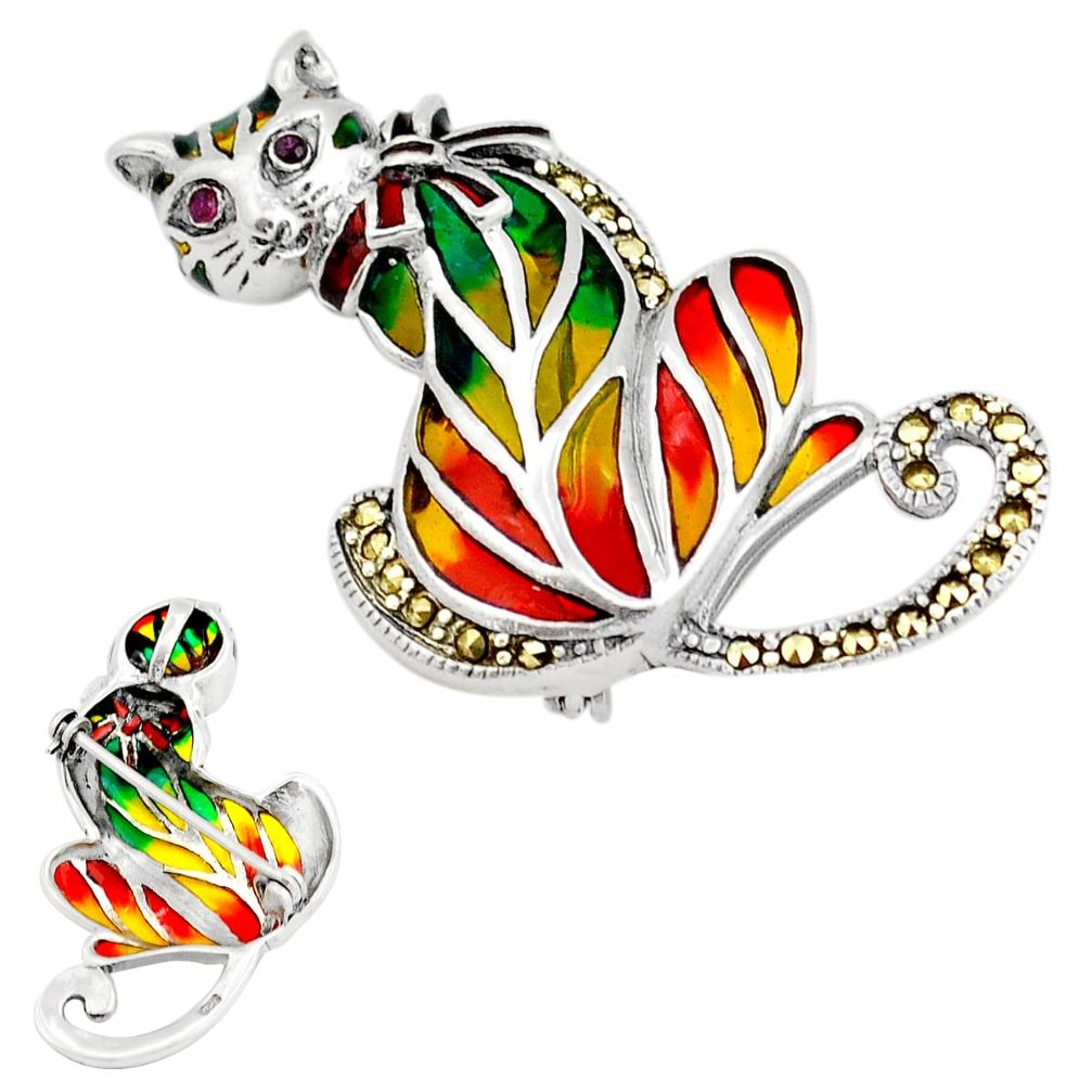0.38cts cat natural red ruby marcasite enamel 925 silver brooch pendant c29507