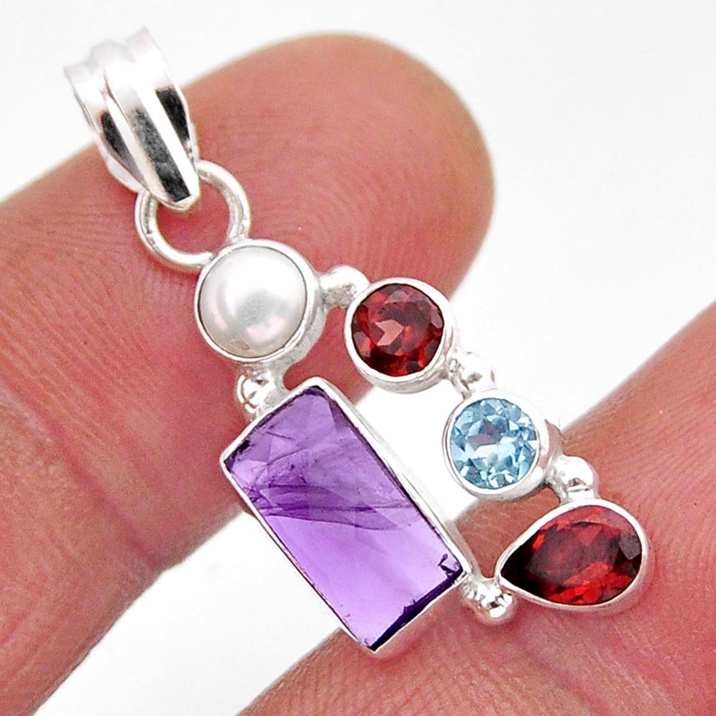 4.77cts checker cut natural amethyst garnet pearl topaz silver pendant y61136