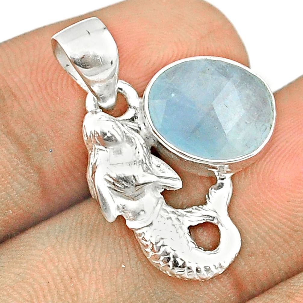 5.04cts checker cut sea life natural aquamarine 925 silver fairy mermaid pendant u25961