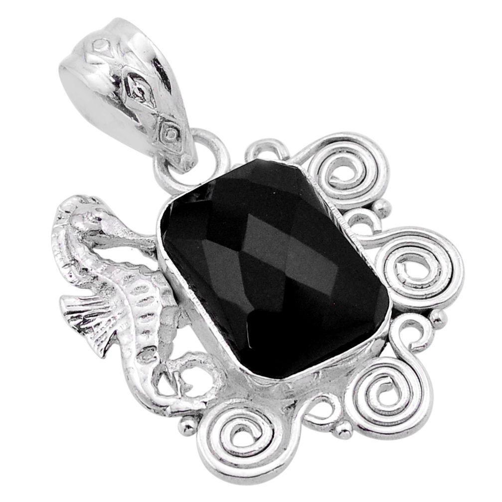 6.04cts checker cut natural black onyx octagan silver seahorse pendant n54001