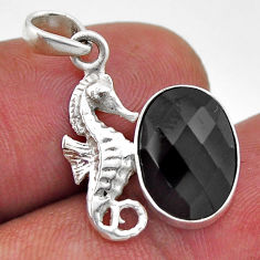 4.82cts checker cut natural black onyx oval 925 silver seahorse pendant n46207