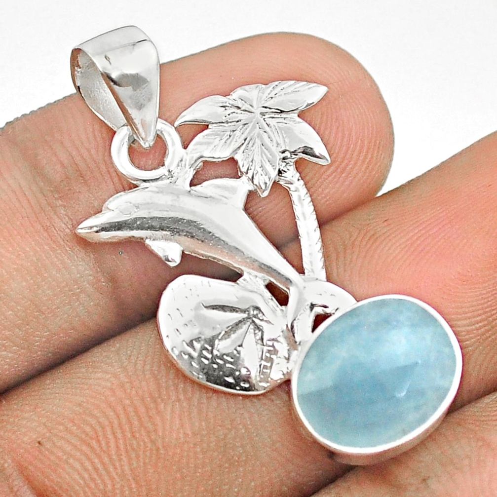 5.01cts checker cut sea life natural blue aquamarine 925 silver dolphin pendant u25923