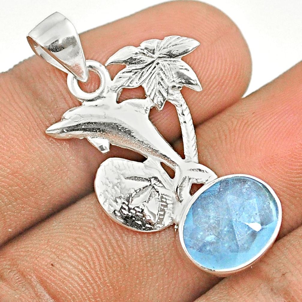 5.01cts checker cut sea life natural blue aquamarine 925 silver dolphin pendant u25925