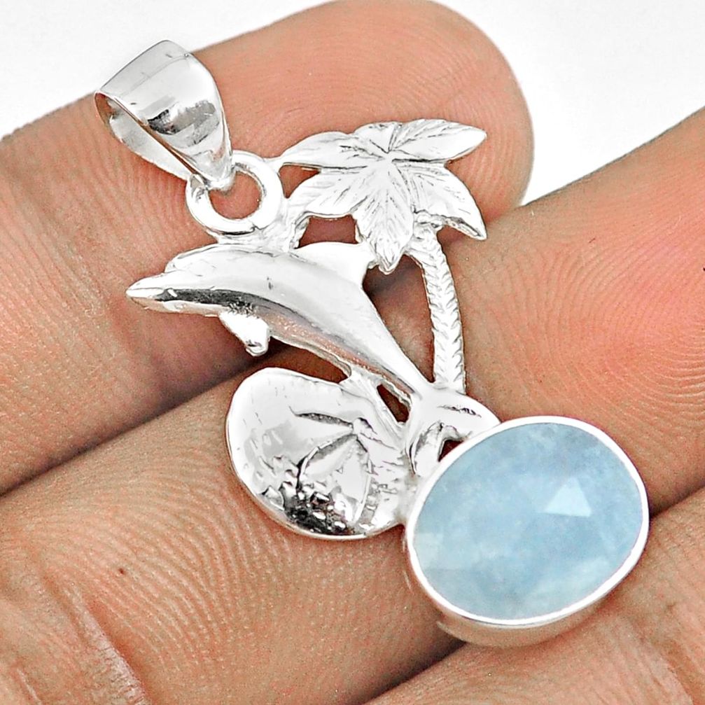 4.87cts checker cut sea life natural blue aquamarine 925 silver dolphin pendant u25933