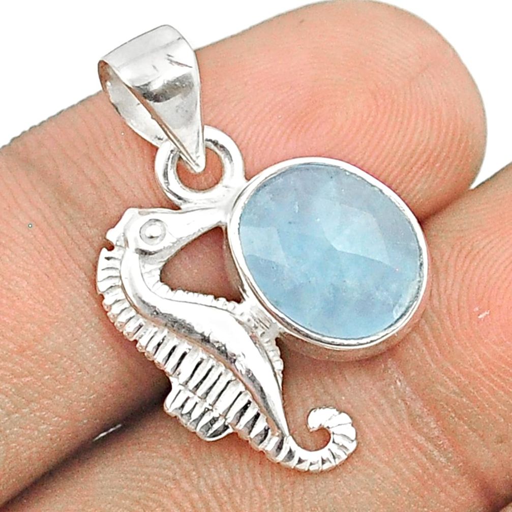 4.96cts checker cut sea life natural blue aquamarine 925 silver seahorse pendant u25904