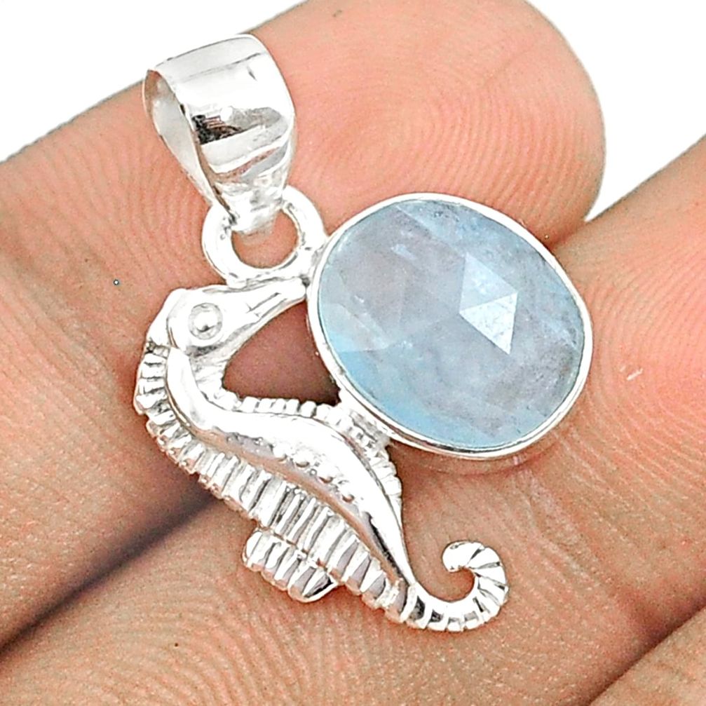 5.24cts checker cut sea life natural blue aquamarine 925 silver seahorse pendant u25905