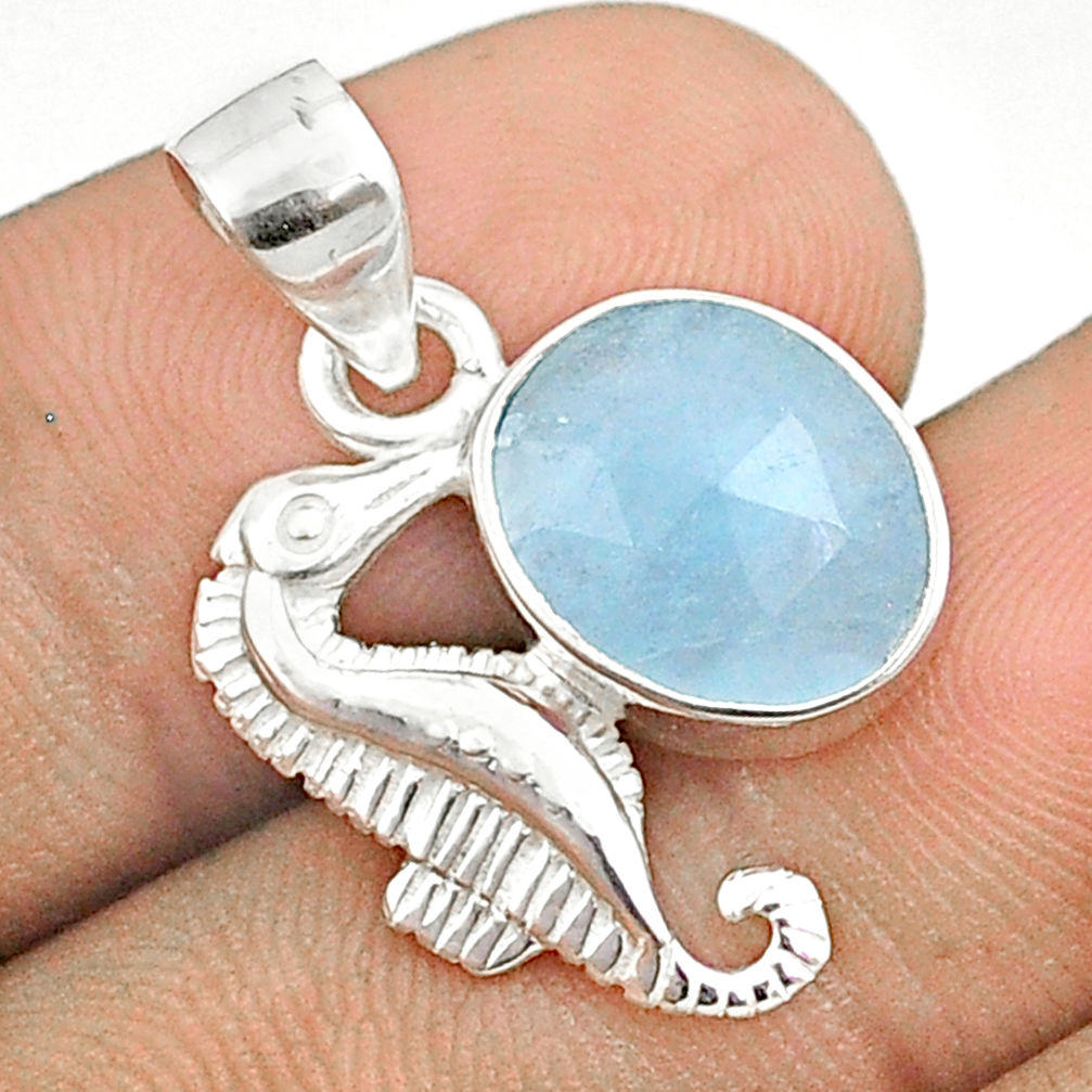 4.94cts checker cut sea life natural blue aquamarine 925 silver seahorse pendant u25907