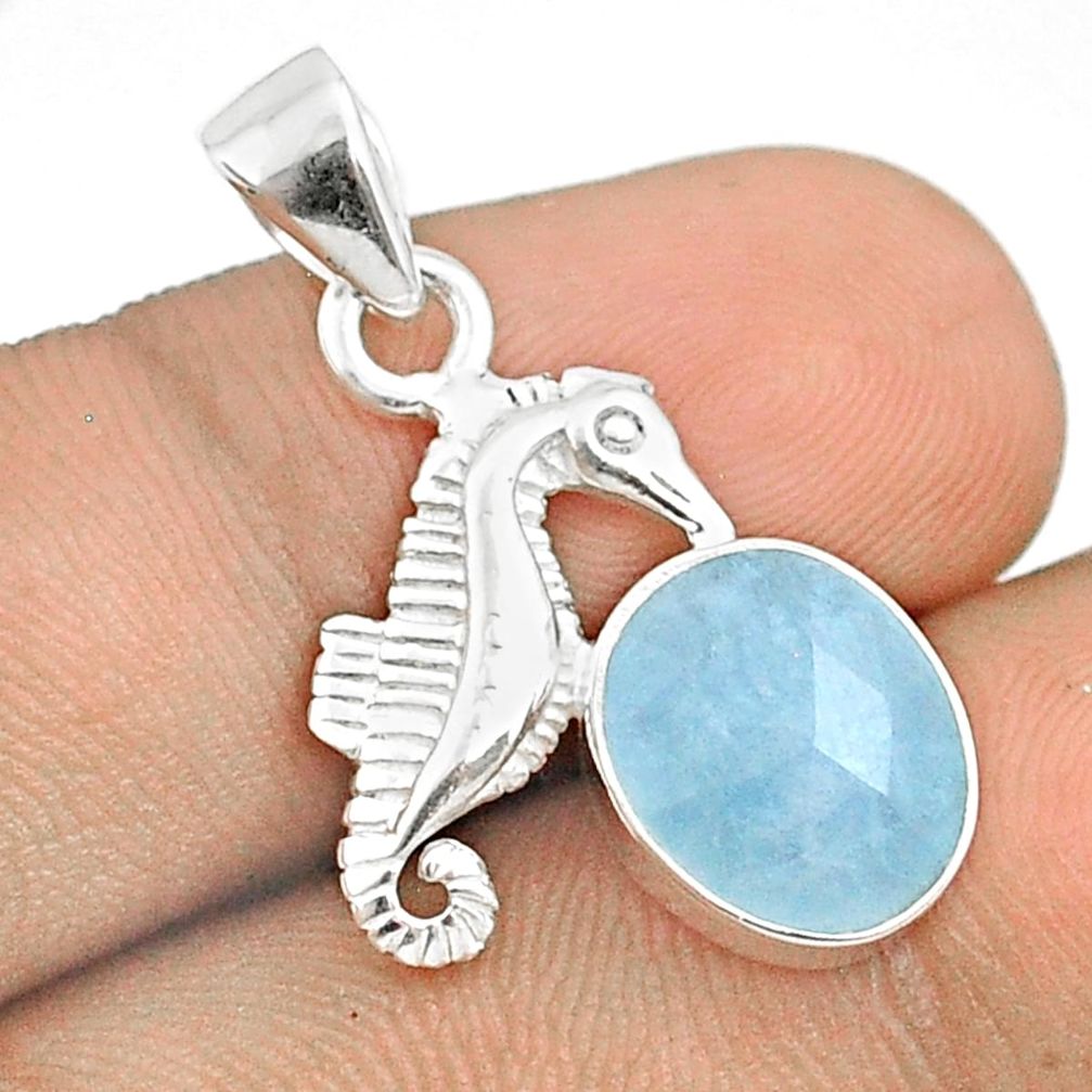 4.93cts checker cut sea life natural blue aquamarine 925 silver seahorse pendant u25908