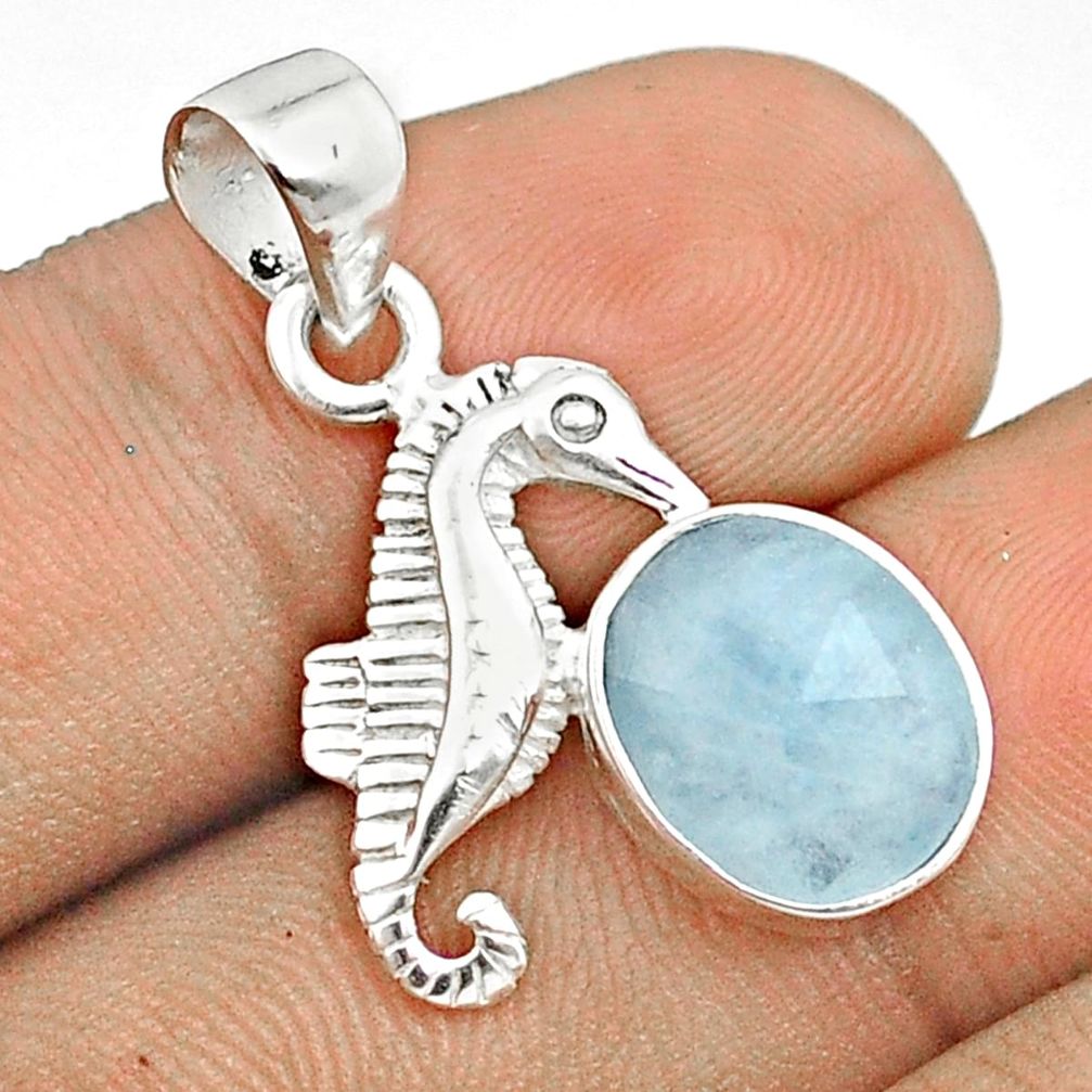 4.98cts checker cut sea life natural blue aquamarine 925 silver seahorse pendant u25910