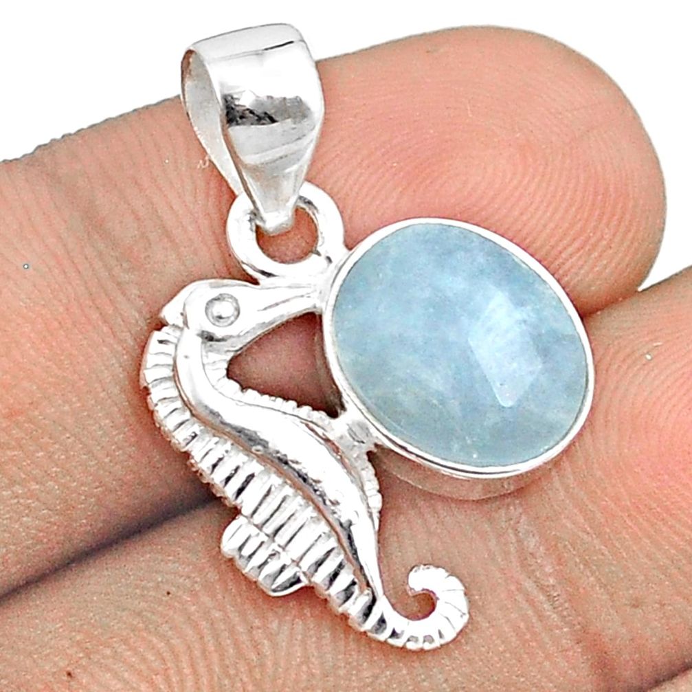 5.64cts checker cut sea life natural blue aquamarine 925 silver seahorse pendant u25913