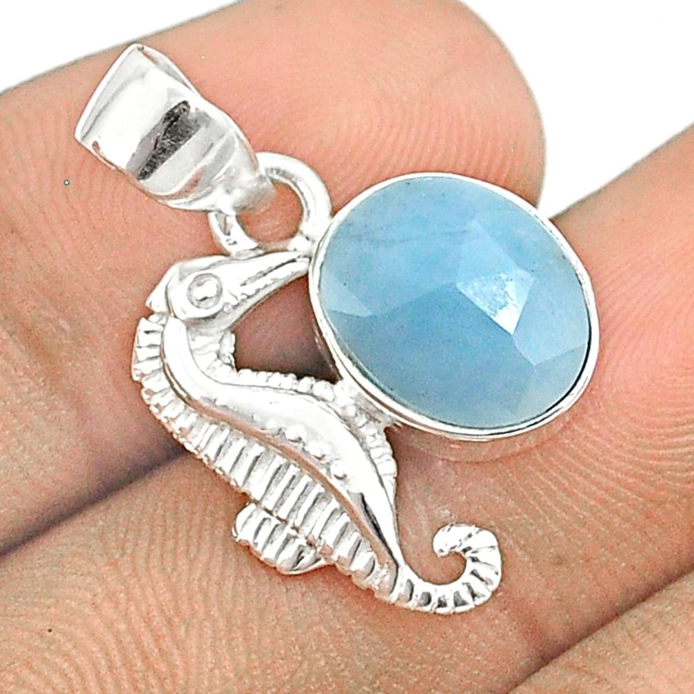 5.00cts checker cut sea life natural blue aquamarine oval silver seahorse pendant u25906