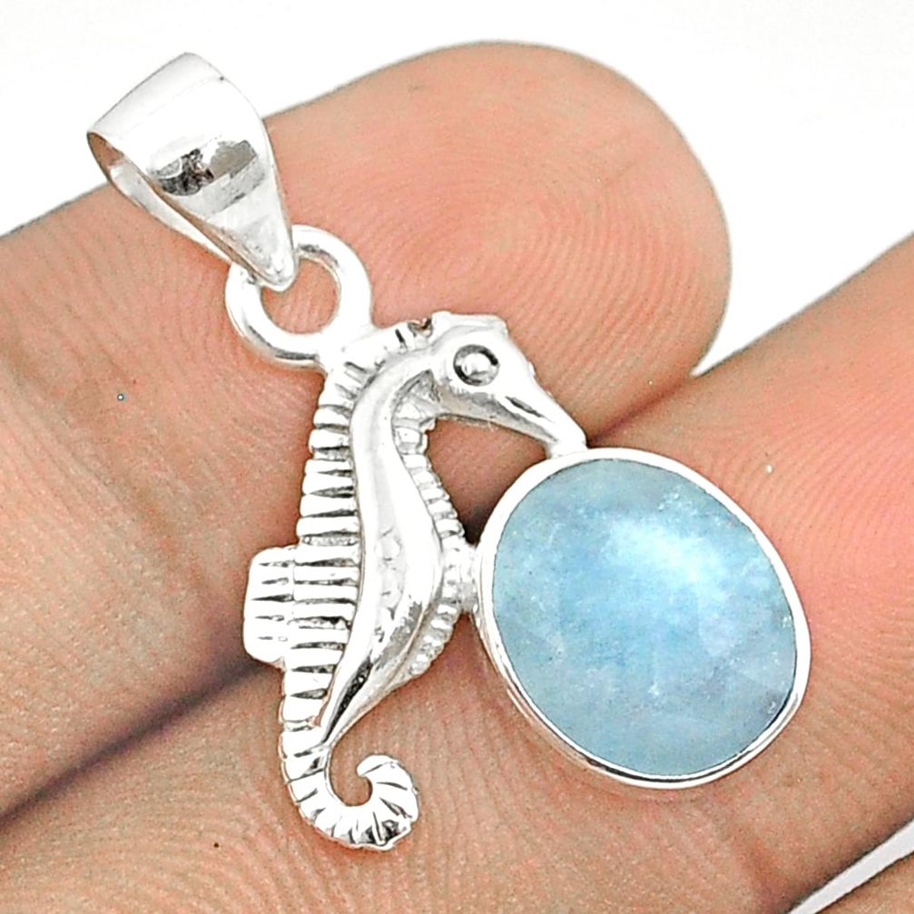 4.94cts checker cut sea life natural blue aquamarine oval silver seahorse pendant u25909