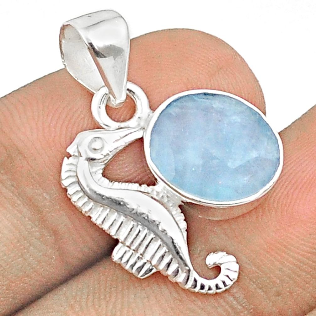 4.89cts checker cut sea life natural blue aquamarine oval silver seahorse pendant u25918