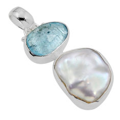 9.81cts checker cut natural blue aquamarine pearl 925 silver pendant y91047