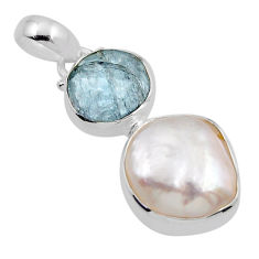 8.98cts checker cut natural blue aquamarine pearl 925 silver pendant y91050