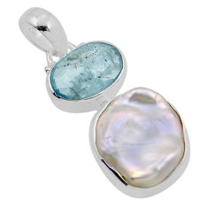 9.39cts checker cut natural blue aquamarine pearl 925 silver pendant y91059
